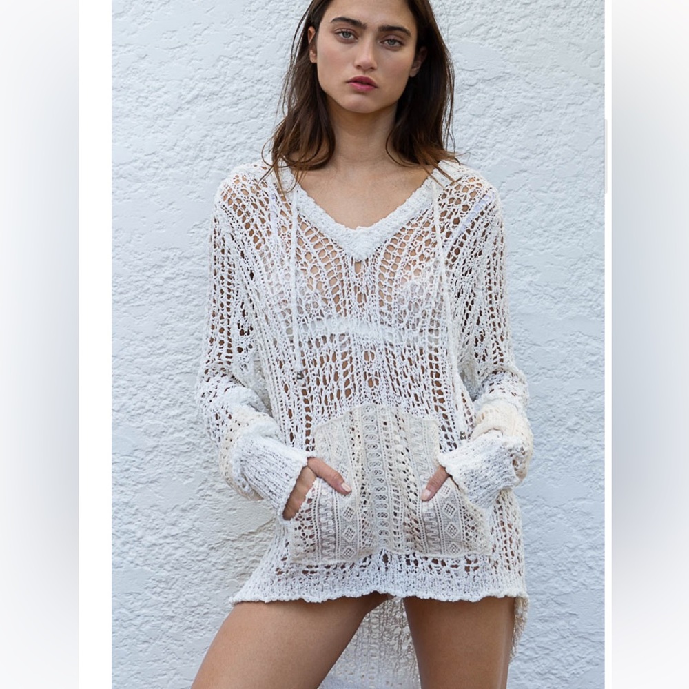 NWOT, Women’s Cream Open-Knit Hooded Sweater - Picture 2 of 3